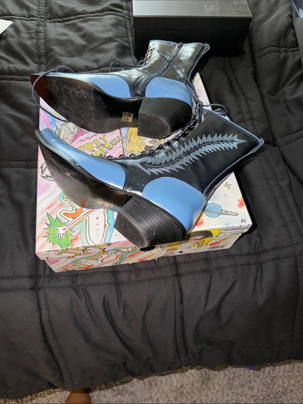 Jeffrey Campbell Two-Tone Pointed Toe Lace-Up Boots in Blue and Black - Picture 3 of 3